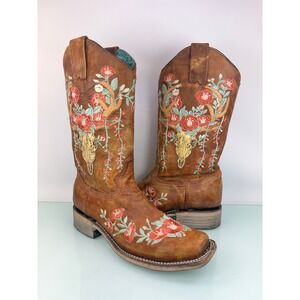 Corral Western Boots Brown Embroidered Deer Skull Floral Cowgirl Size 7.5 Boho